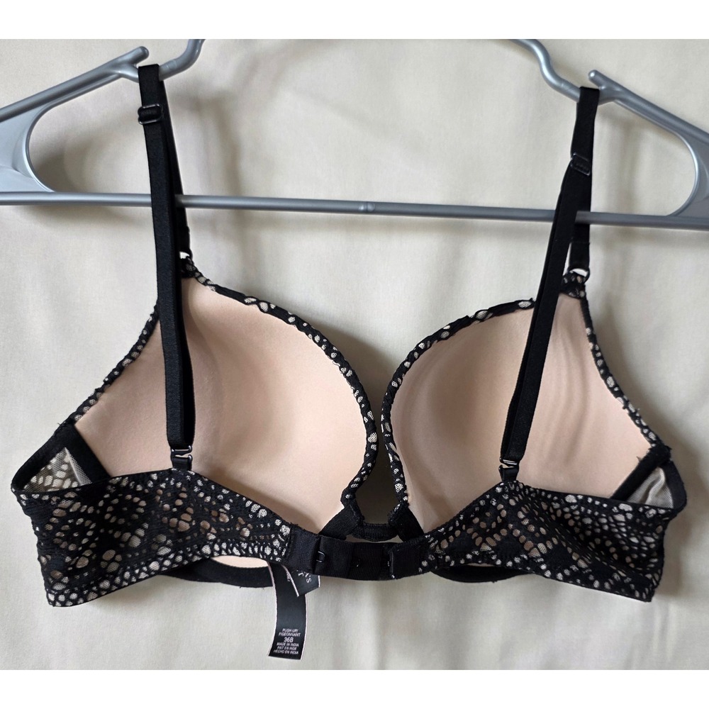 Victorias Secret Push Up Bra 36B Black Lace Crochet Overlay Beige Underwire - Picture 2 of 3